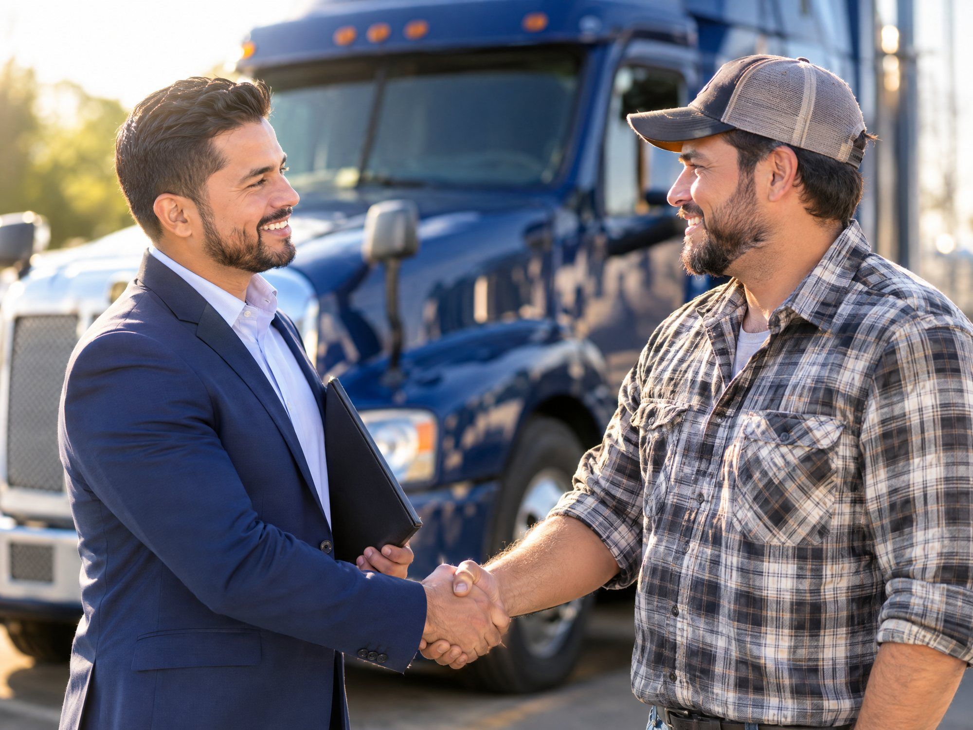 An advisor shakes hands with a truck owner in front of a semi-truck