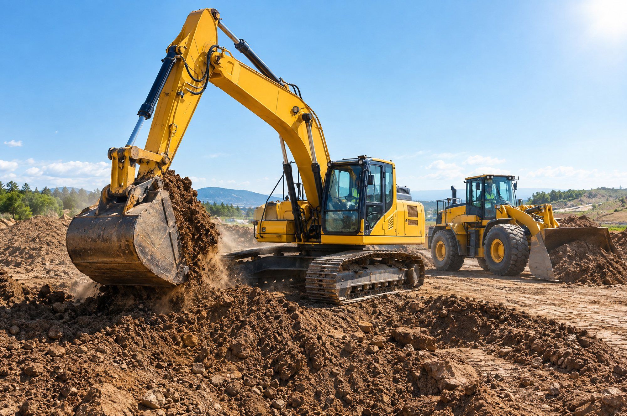 Excavator and wheel loader at a sunny construction site