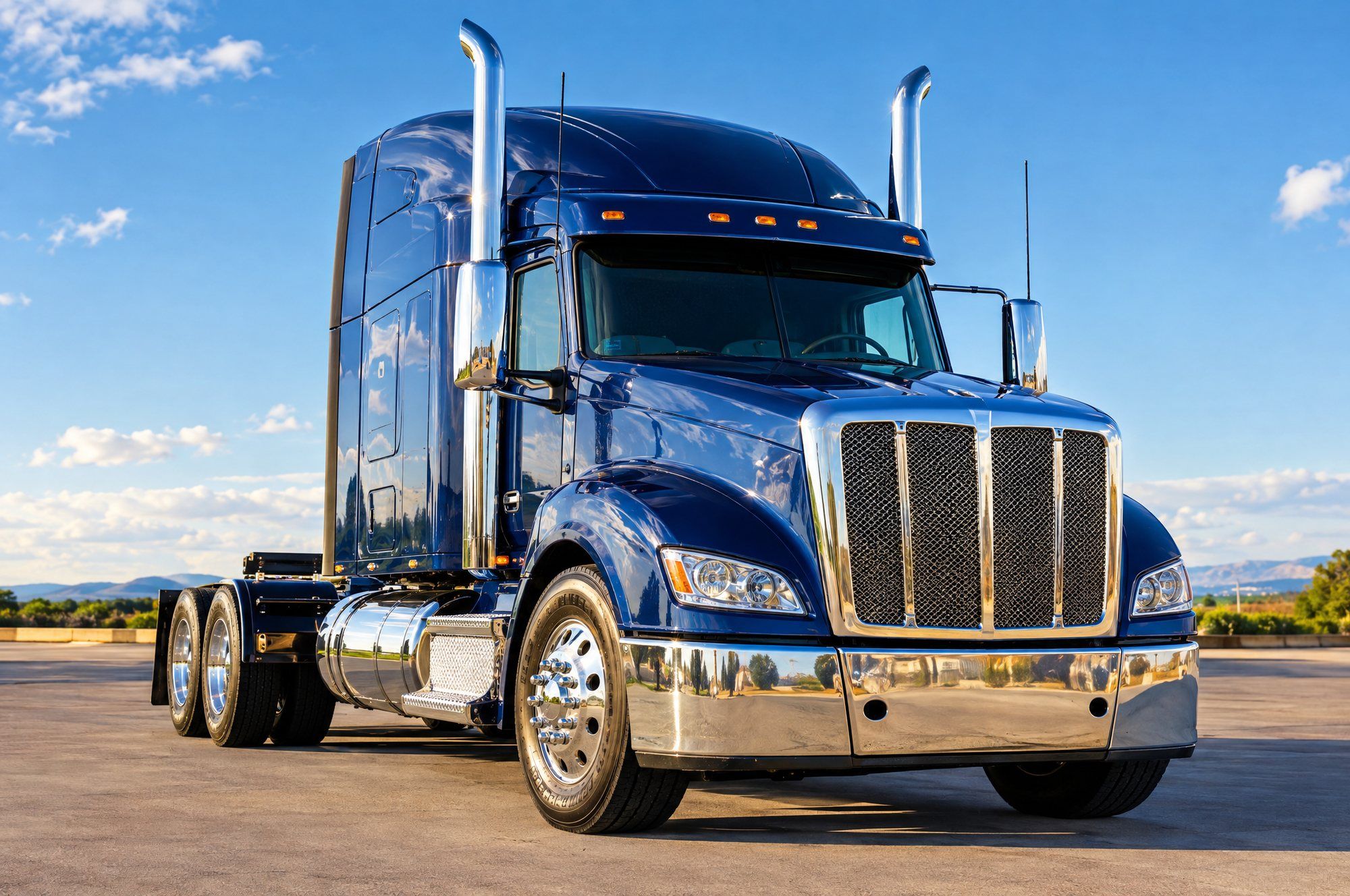 Blue semi-truck tractor with chrome details in the sun