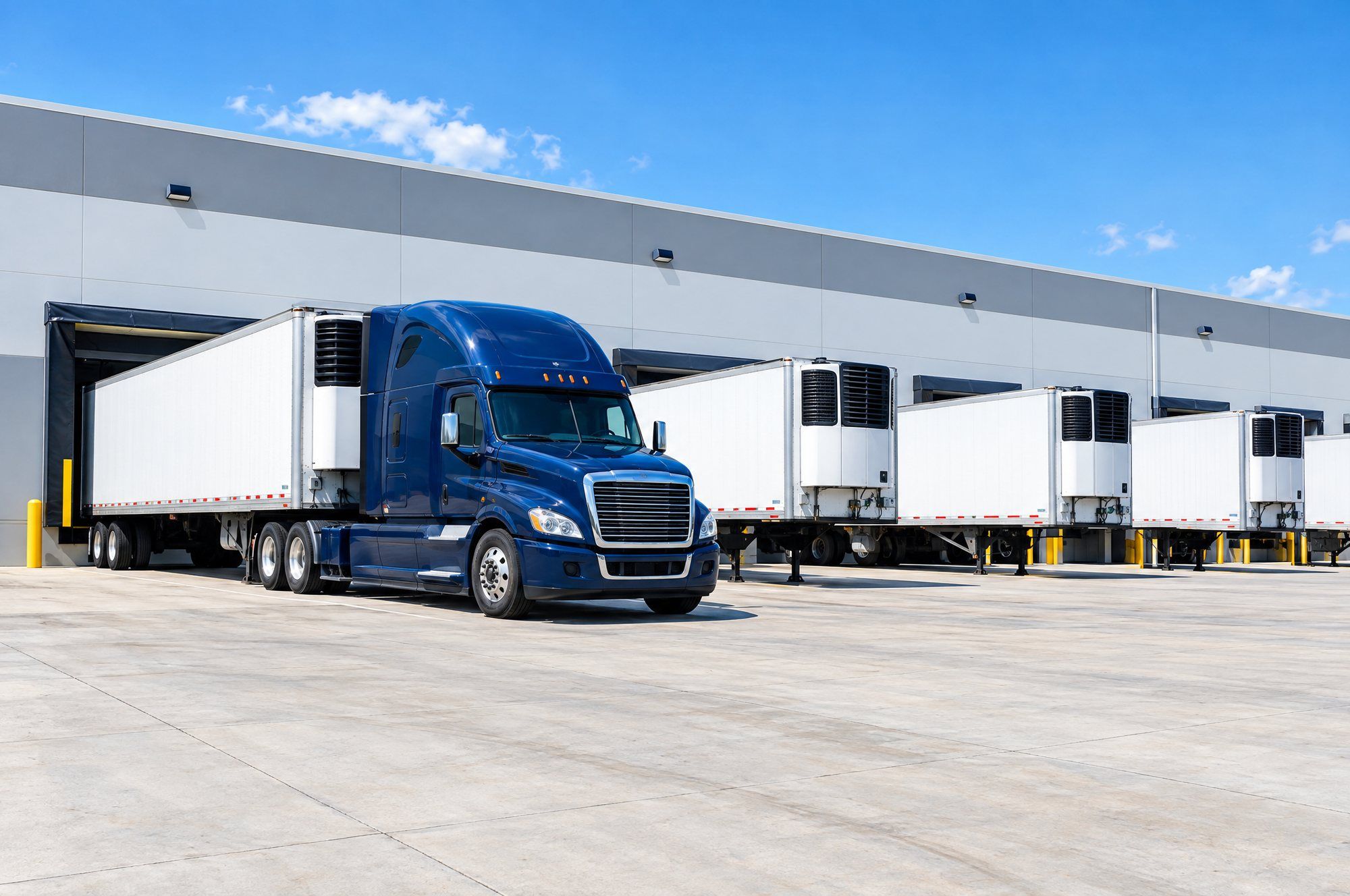 Row of refrigerated semi-trailers at a sunny distribution center