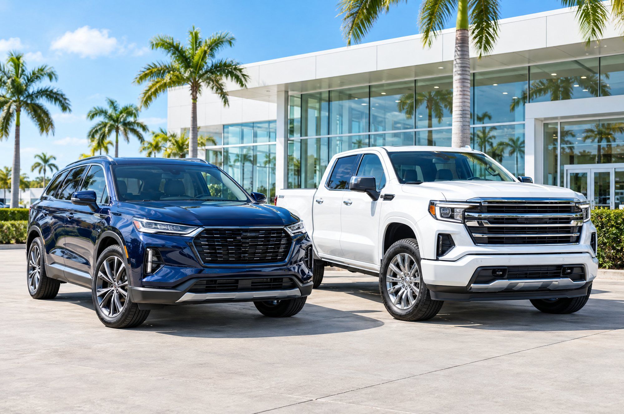 A blue SUV and a white pickup truck in front of a sunny dealership