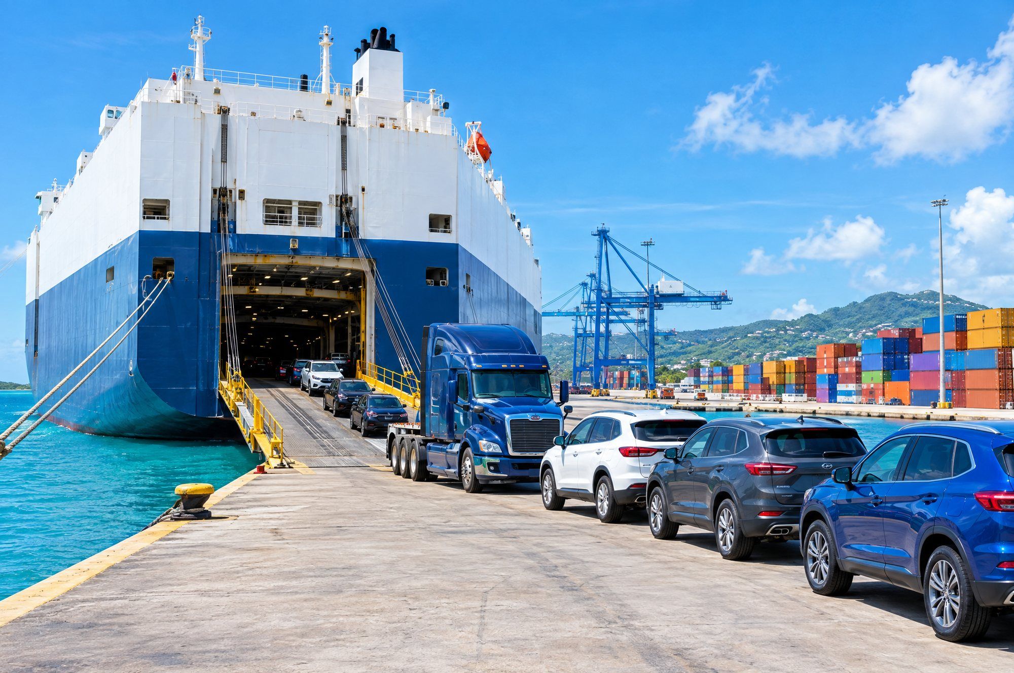 Car carrier ship loading a semi-truck and cars at a sunny port