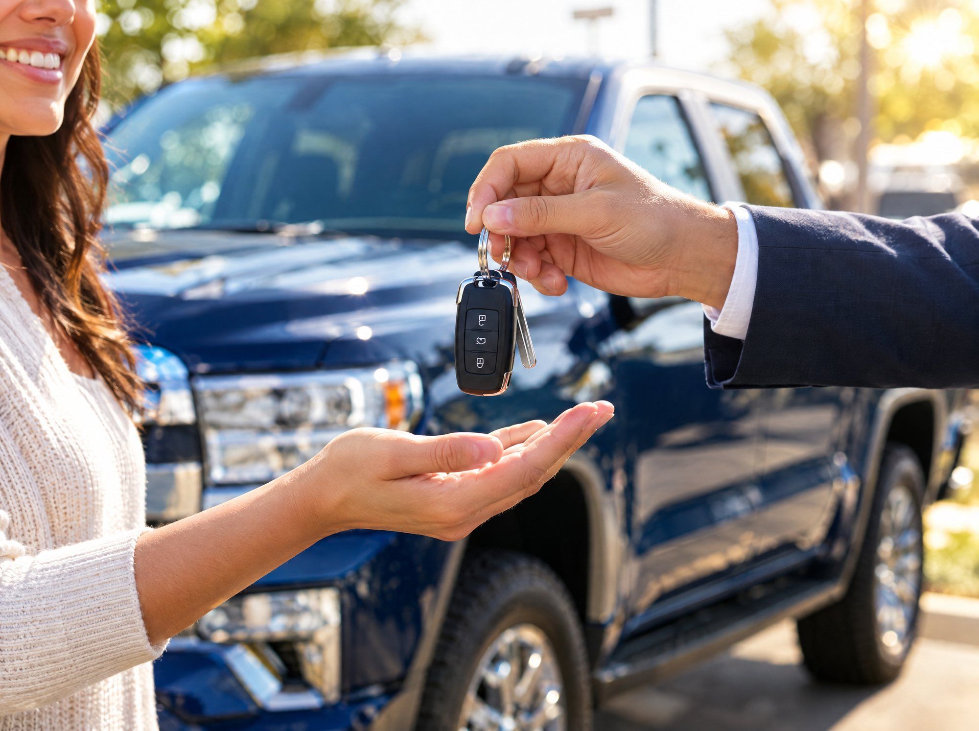 A customer receives the keys to a new pickup truck