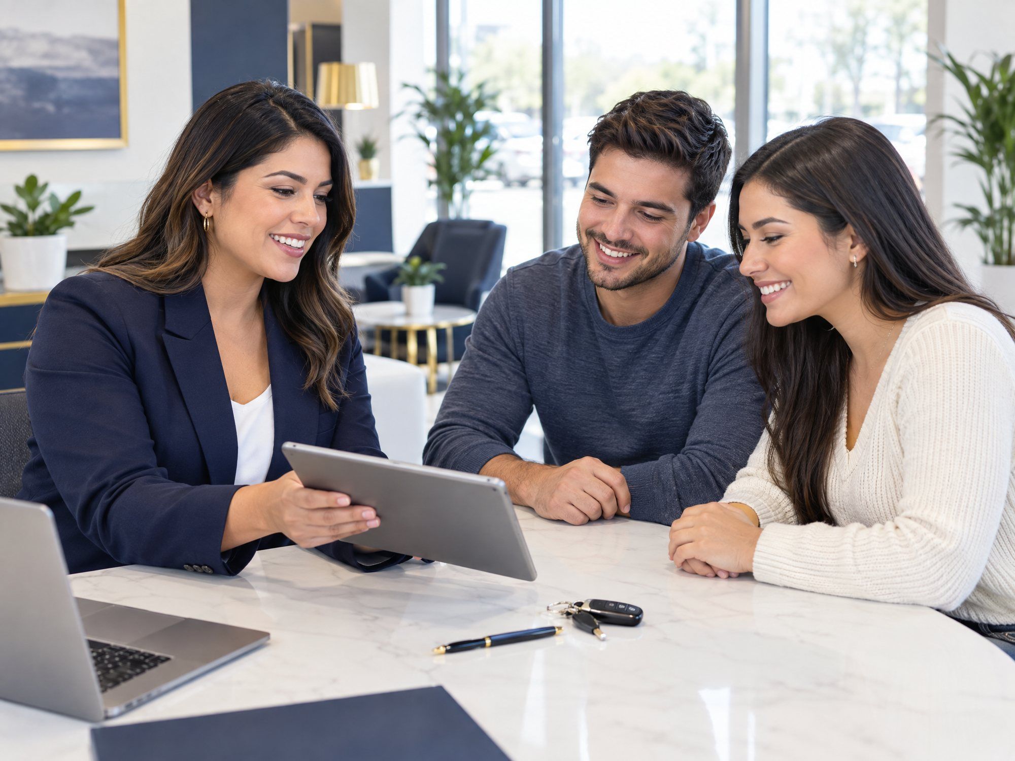 A financing advisor reviews a contract with a couple